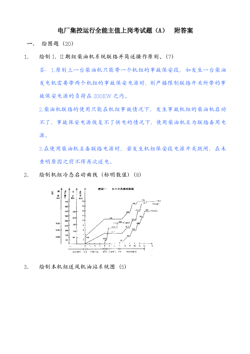 电厂集控运行全能主值上岗考试题A附答案