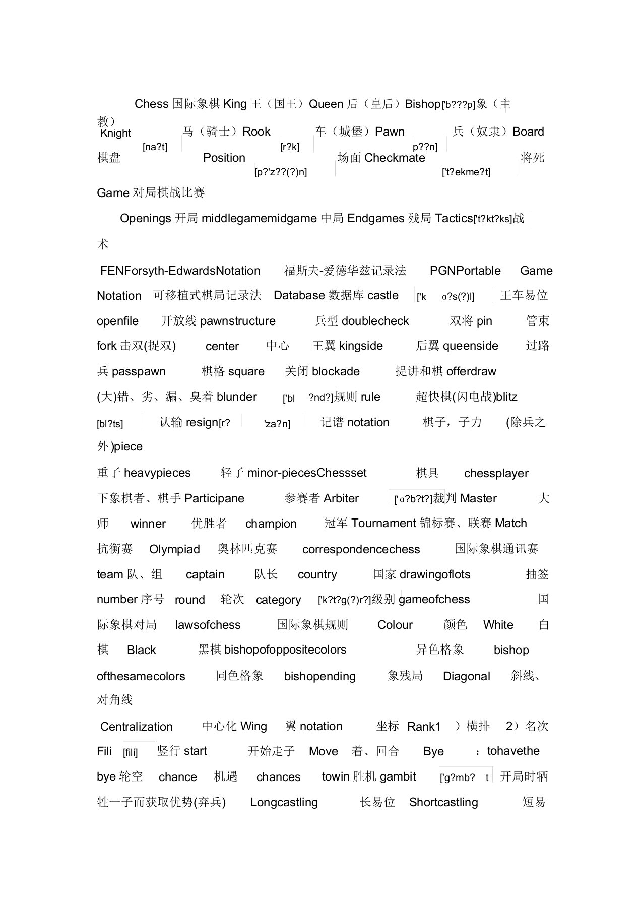 国际象棋常用英语