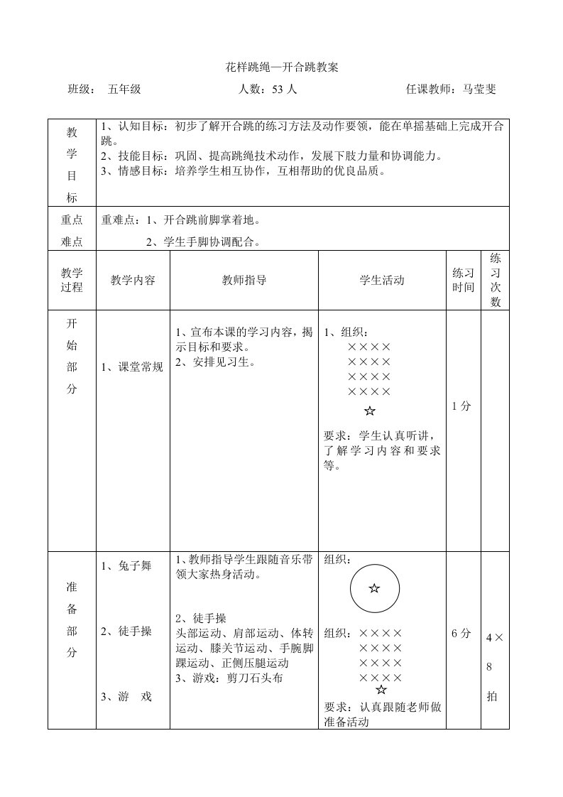 花样跳绳—开合跳教案