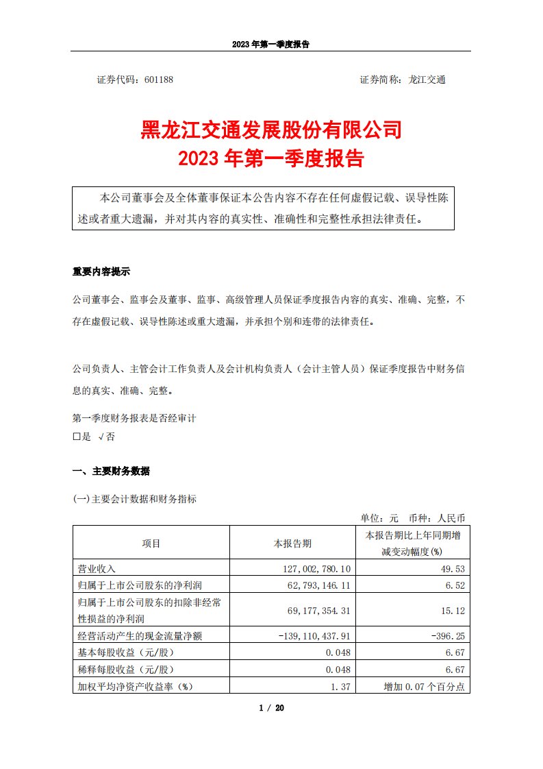 上交所-龙江交通2023年第一季度报告-20230427