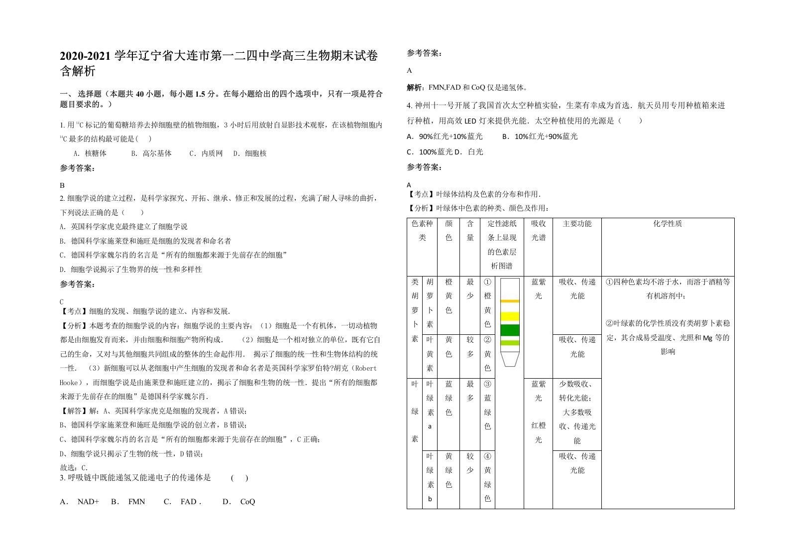 2020-2021学年辽宁省大连市第一二四中学高三生物期末试卷含解析