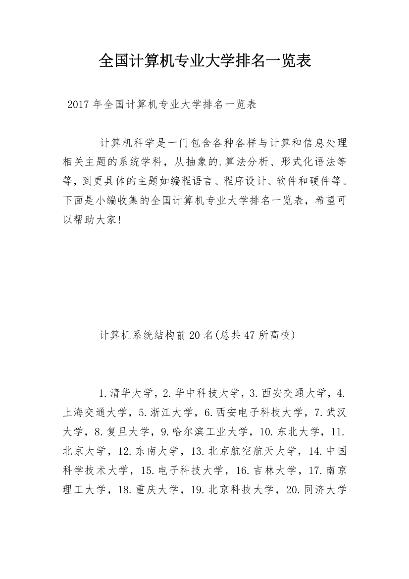 全国计算机专业大学排名一览表