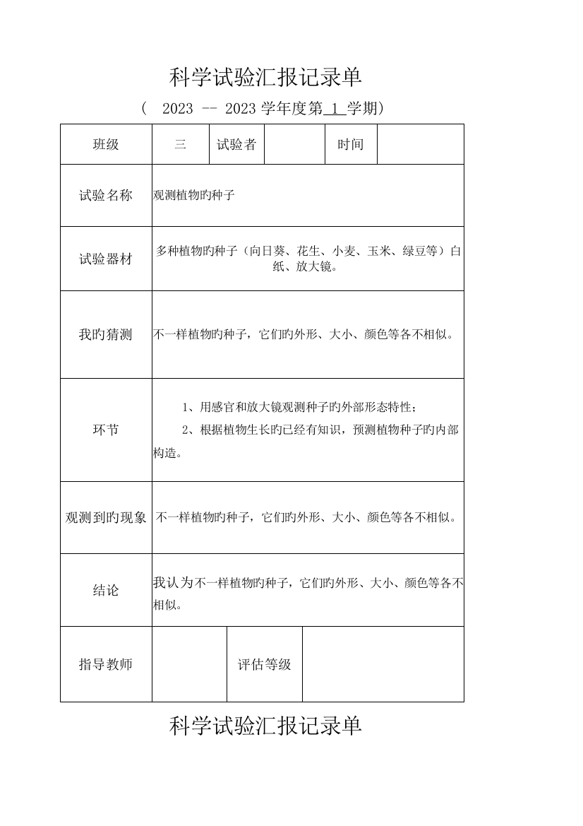 2023年科学实验实验报告记录单