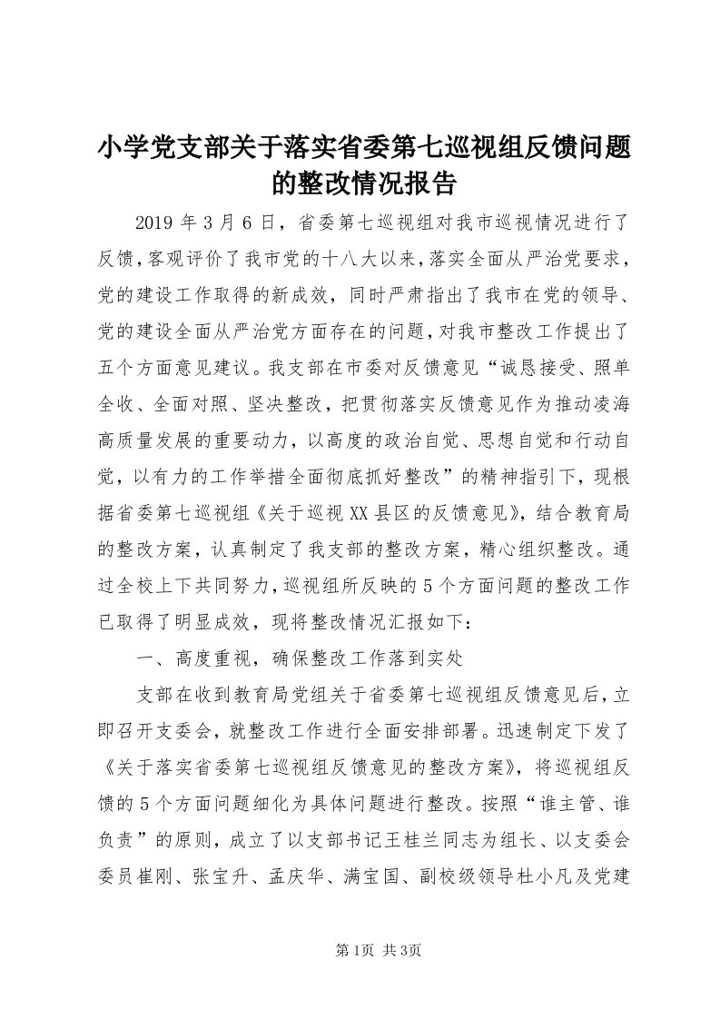 6小学党支部关于落实省委第七巡视组反馈问题的整改情况报告