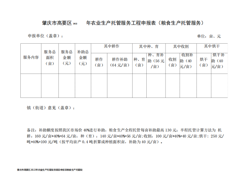 肇庆市高要区2022年农业生产托管服务项目申报表粮食生产托管服务申报单位盖章单位亩、元