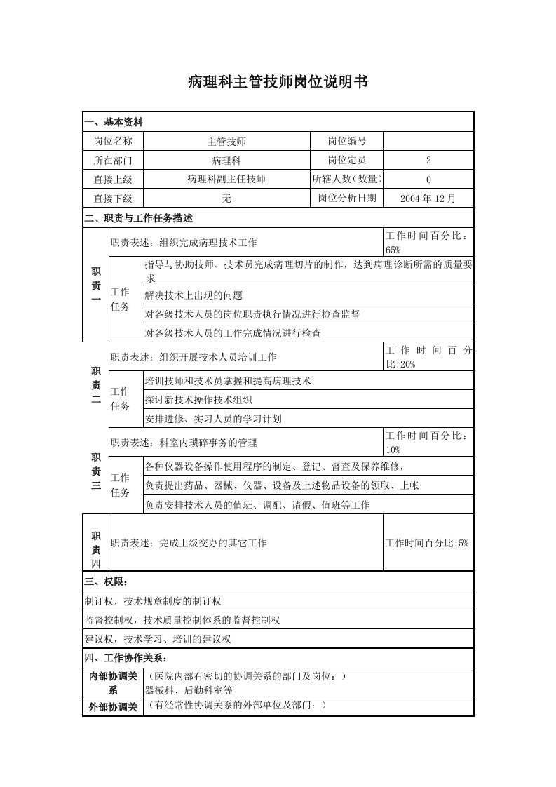 病理科主管技师岗位说明书