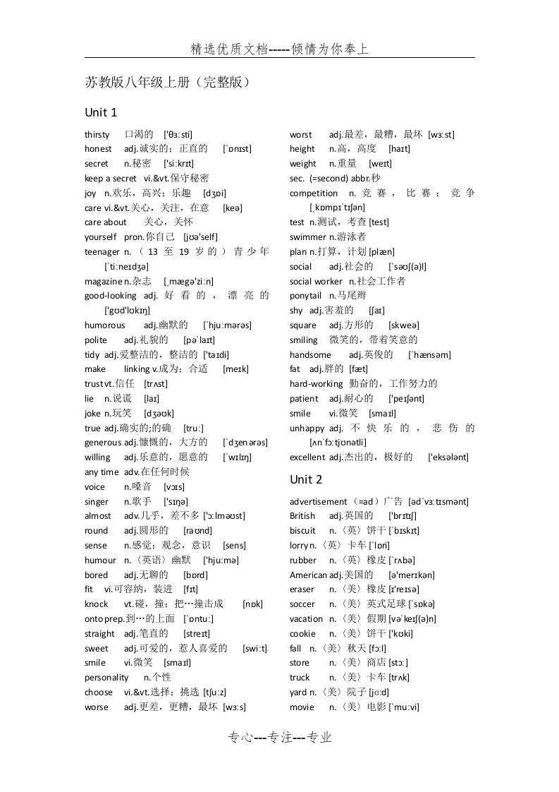 苏教版八年级上册英语词汇表(完整版)(共6页)