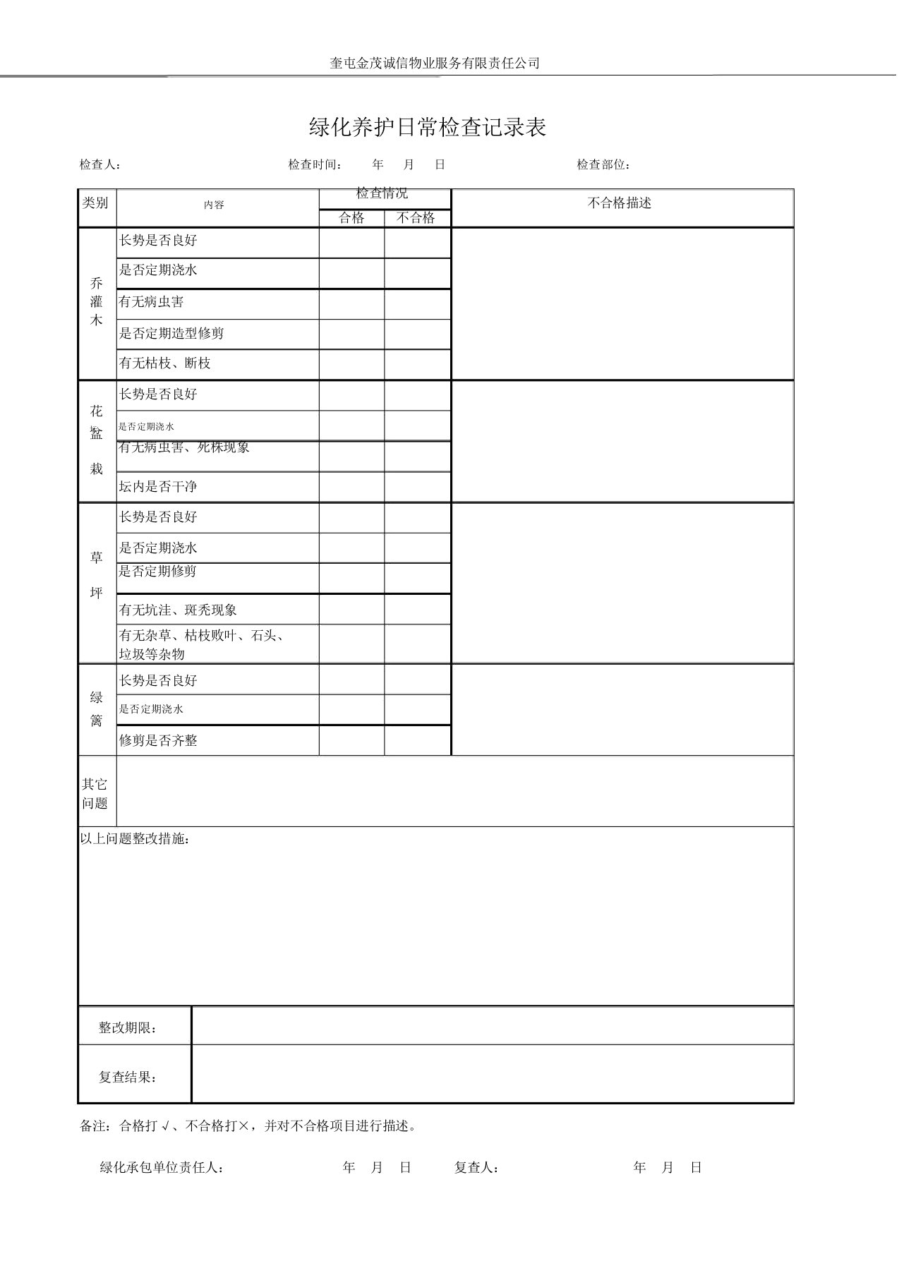 绿化工作日常检查记录表