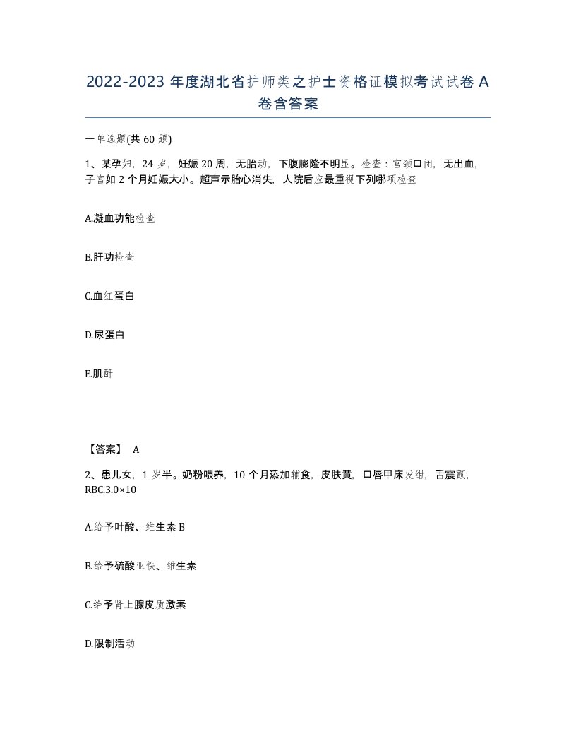 2022-2023年度湖北省护师类之护士资格证模拟考试试卷A卷含答案