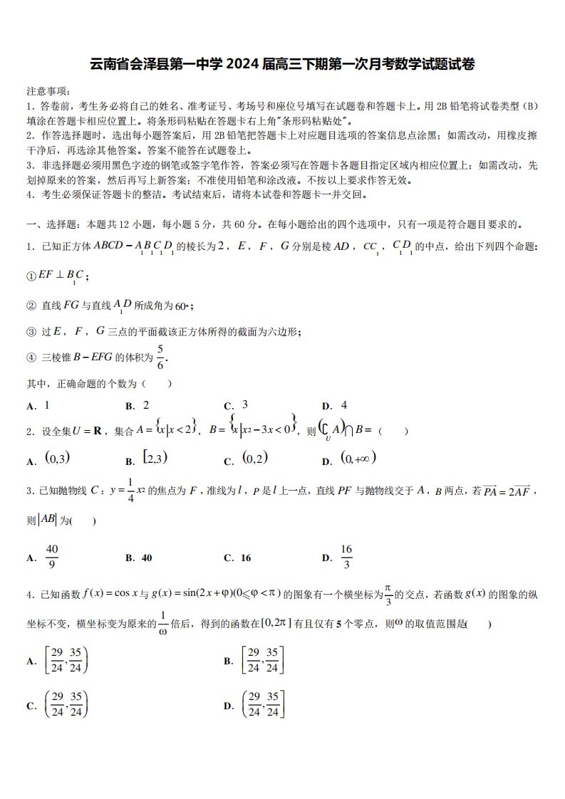 云南省会泽县第一中学2024届高三下期第一次月考数学试题试卷