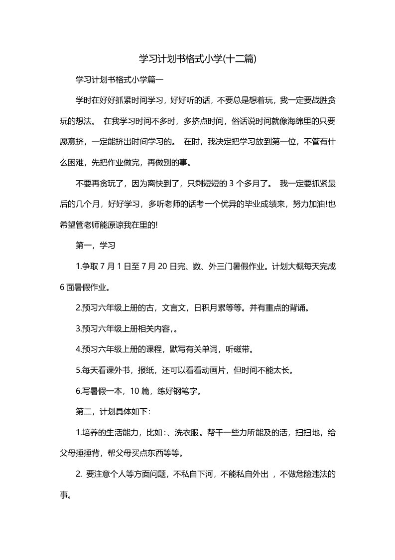 学习计划书格式小学十二篇