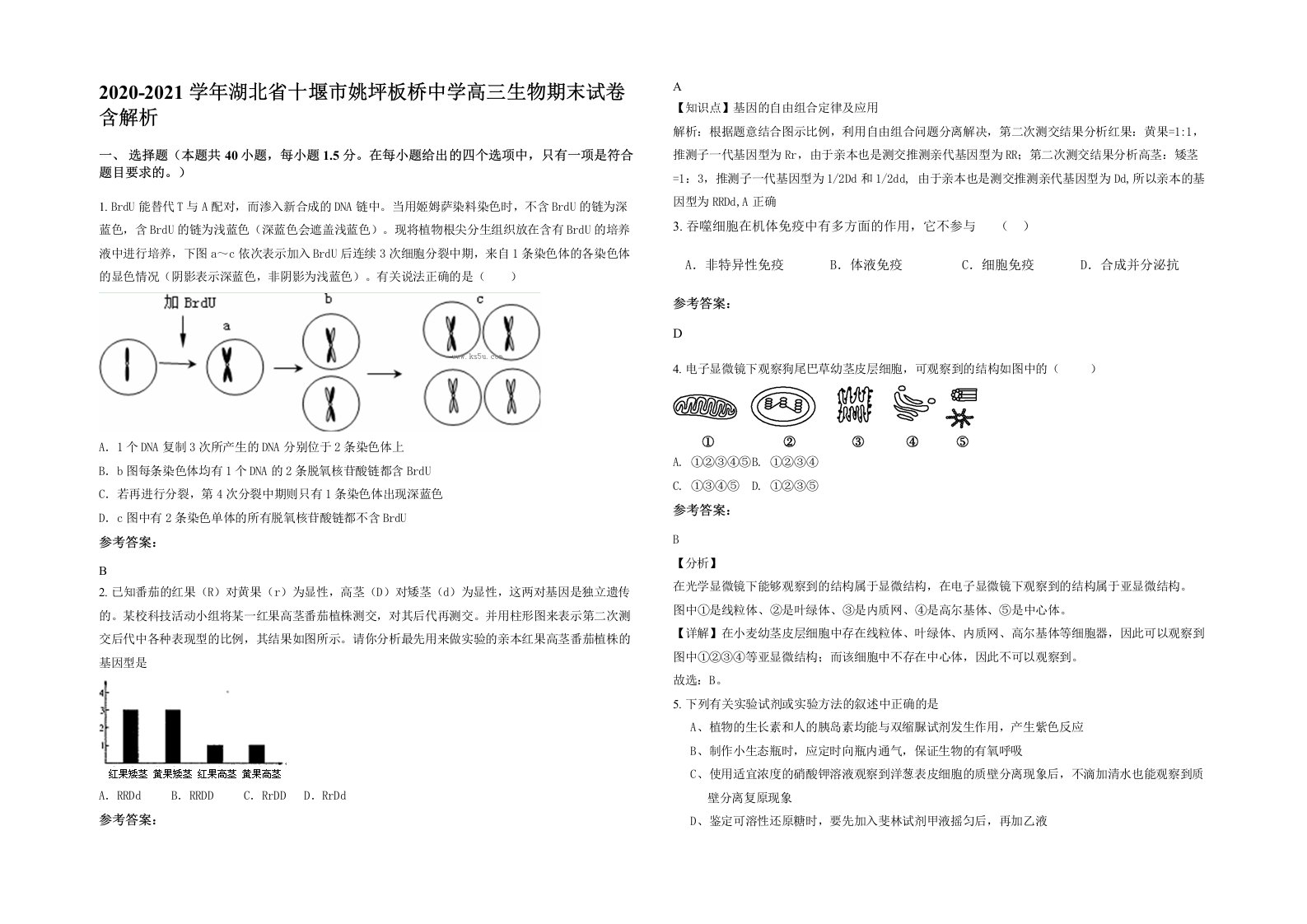 2020-2021学年湖北省十堰市姚坪板桥中学高三生物期末试卷含解析