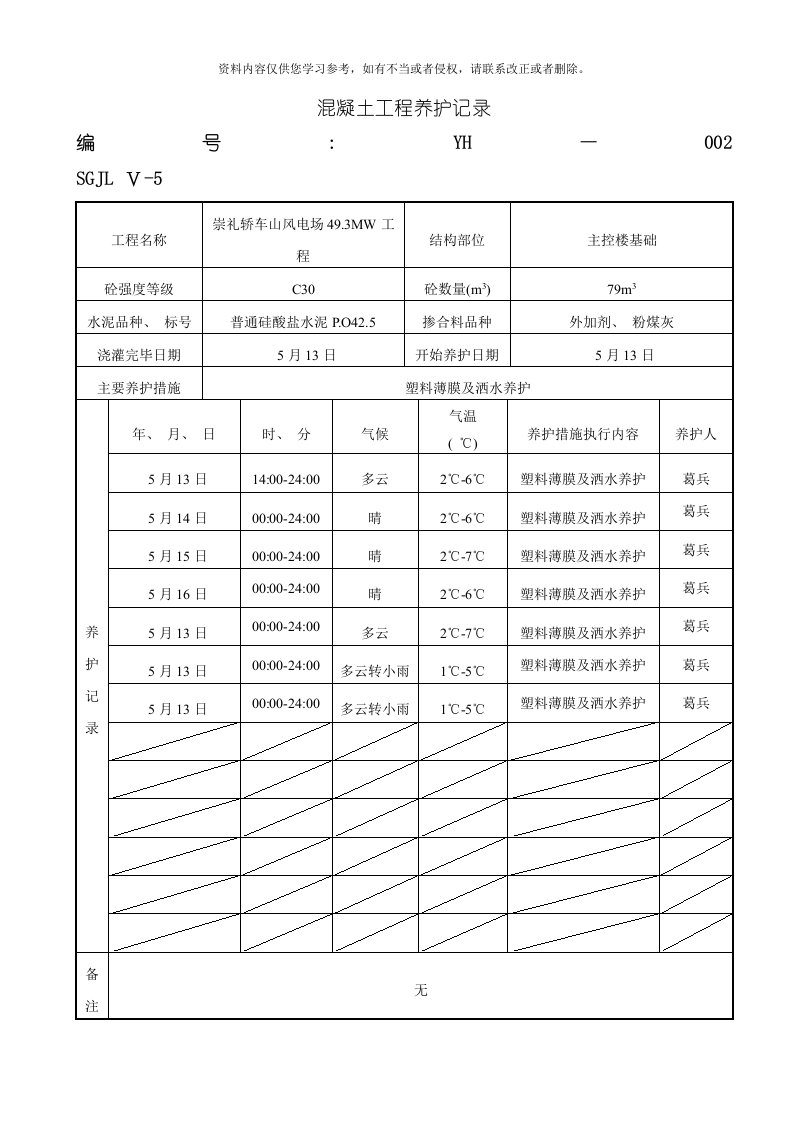 混凝土工程养护记录模板