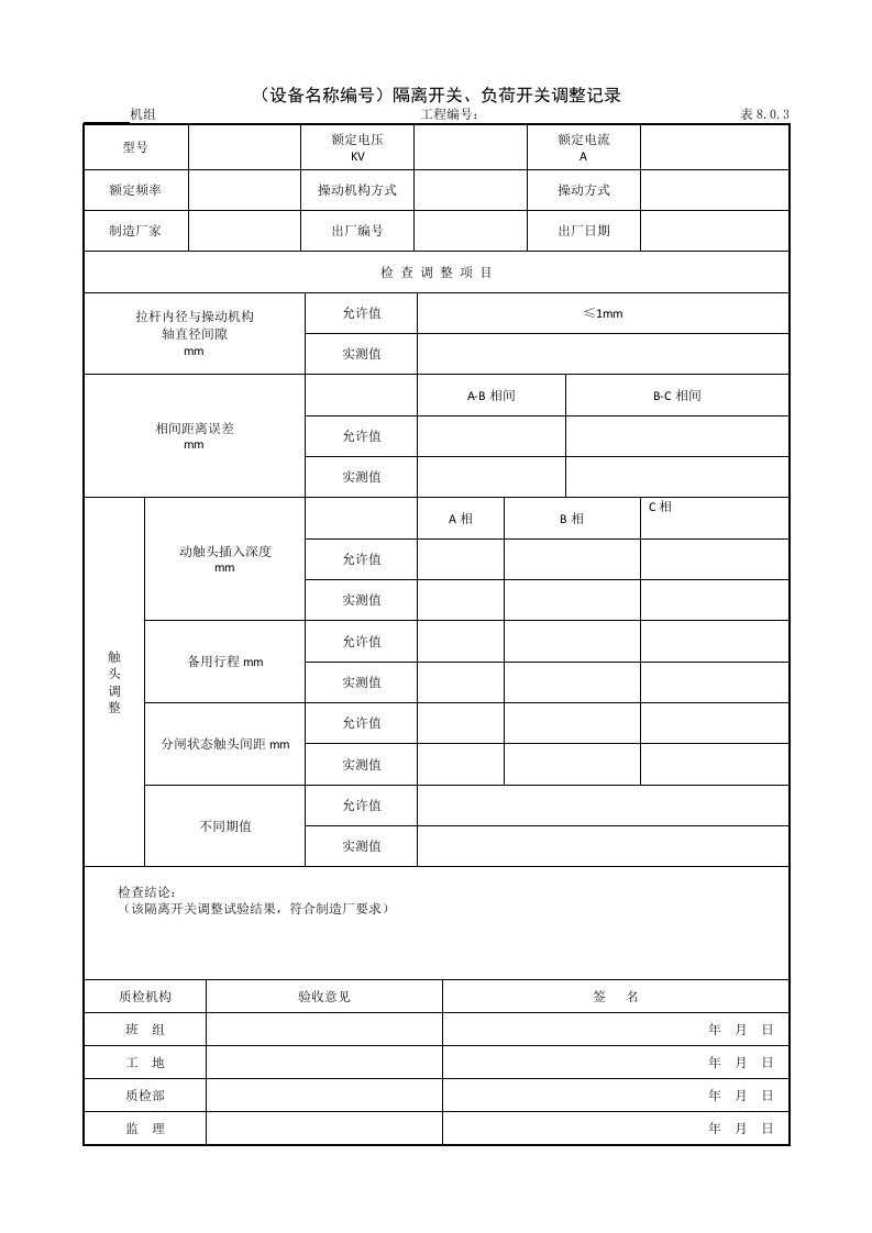 建筑工程-952设备名称编号隔离开关负荷开关调整记录