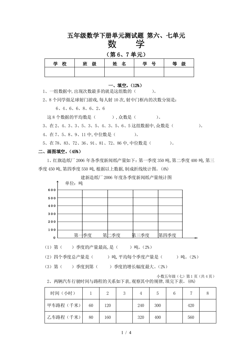 五年级数学下册单元测试题-第六、七单元