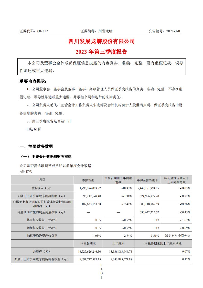 深交所-川发龙蟒：2023年三季度报告-20231027