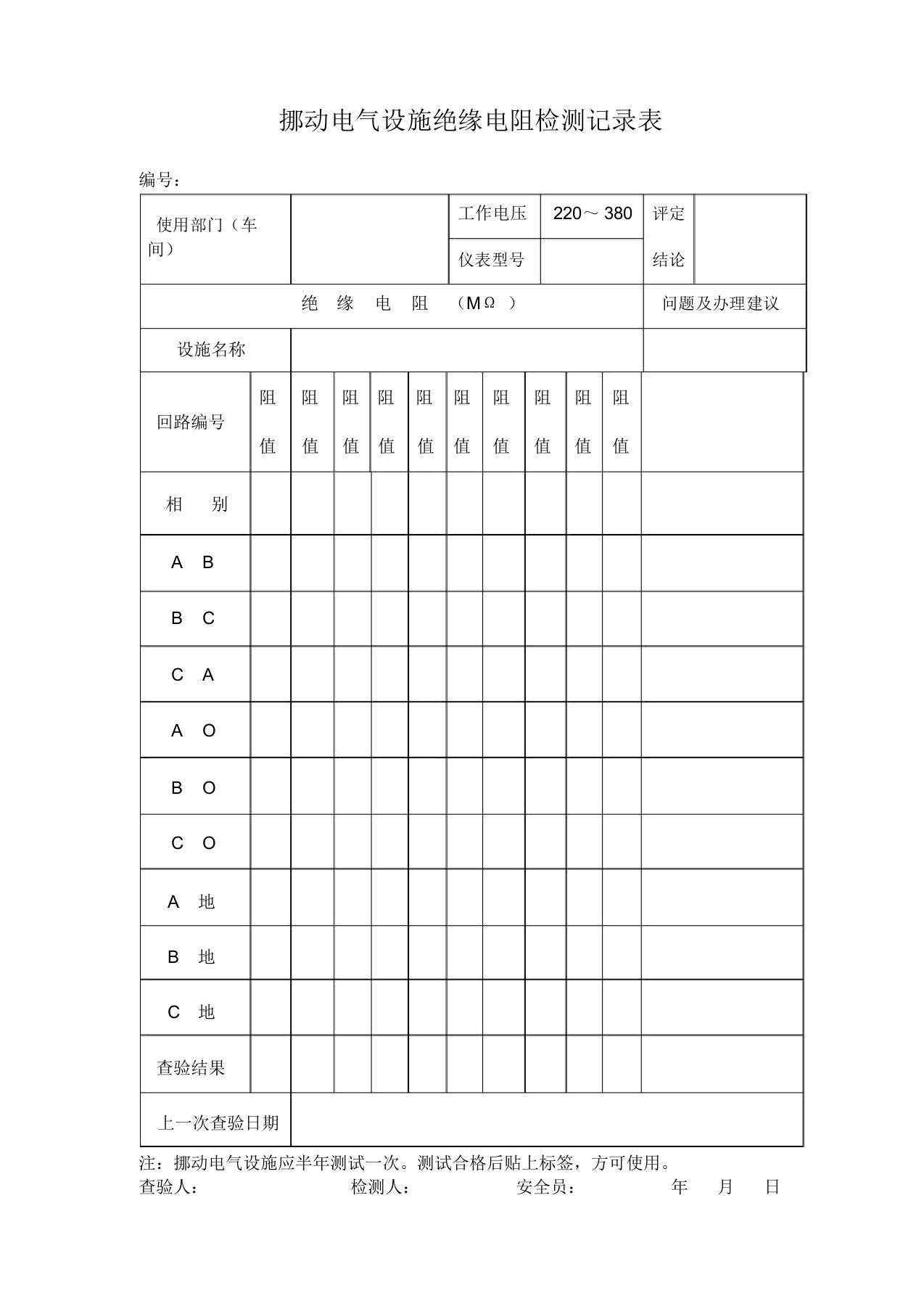 移动电气设备定期绝缘电阻检测记录表