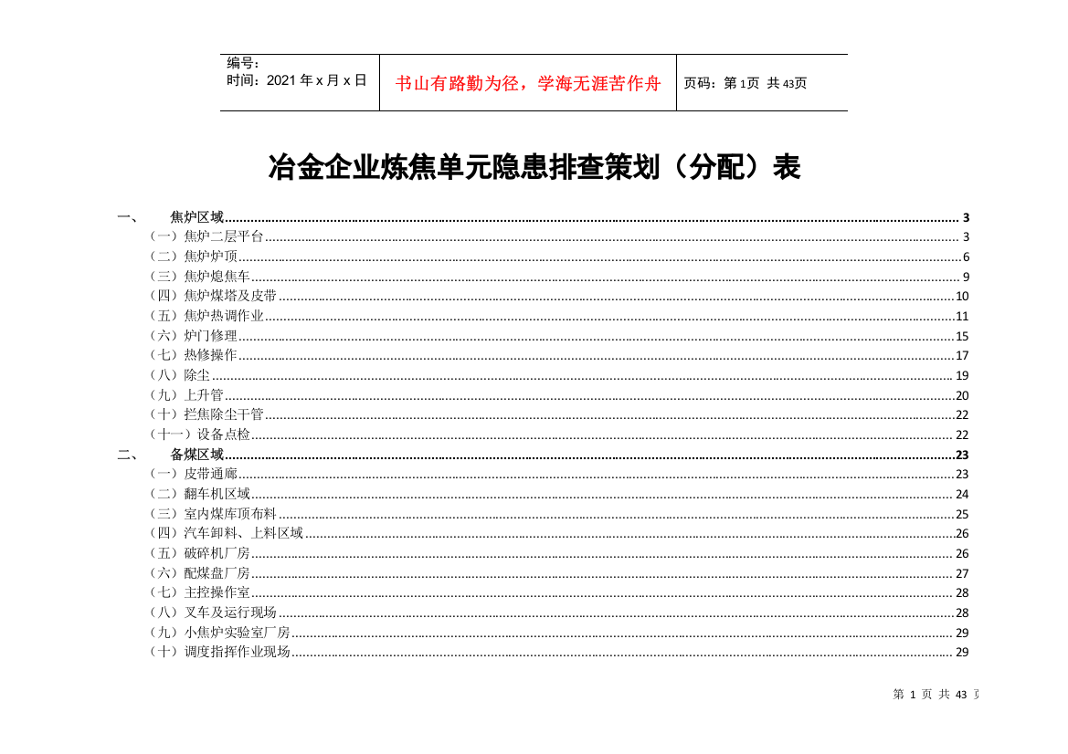 冶金企业炼焦单元隐患排查策划分配表