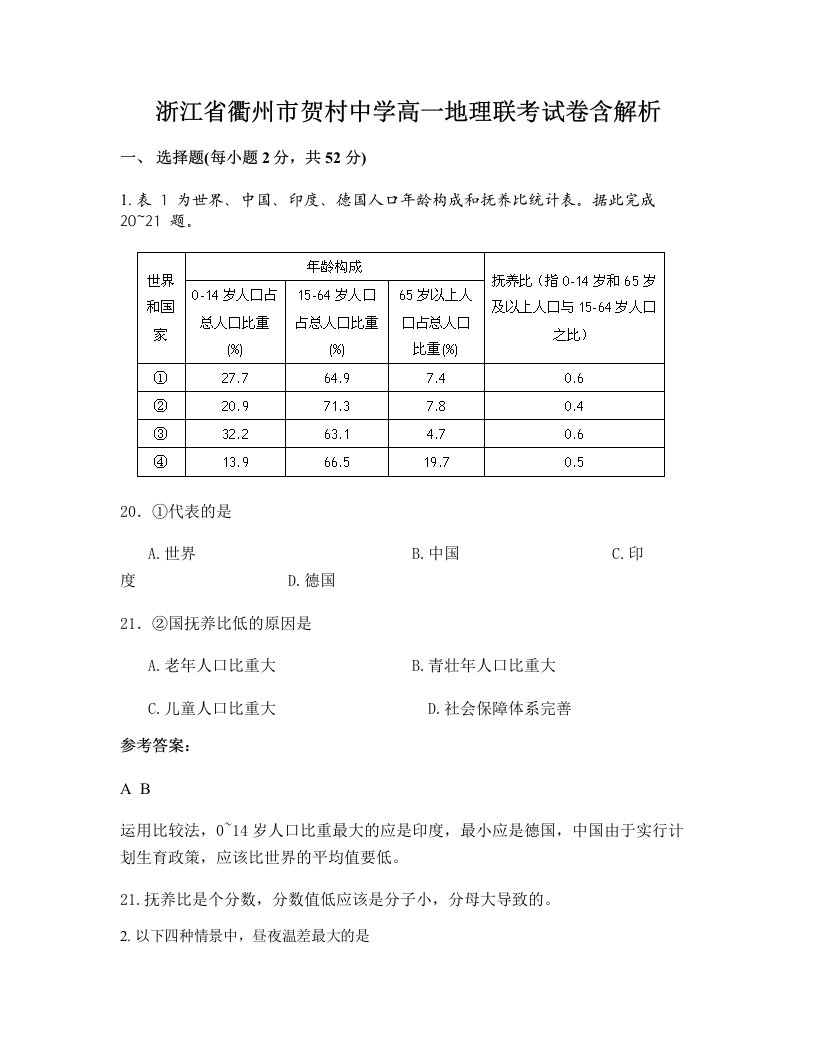 浙江省衢州市贺村中学高一地理联考试卷含解析