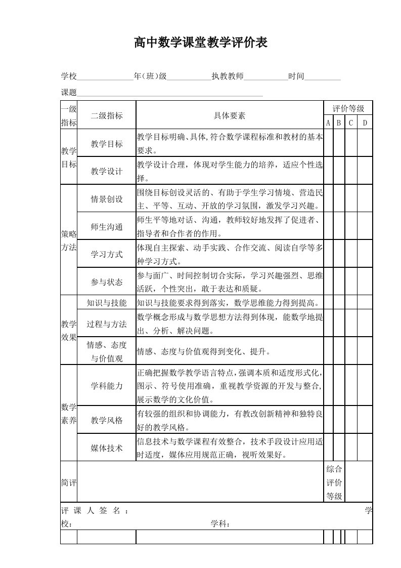 高中数学课堂教学评价表