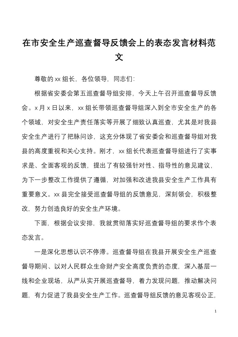 在市安全生产巡查督导反馈会上的表态发言材料范文巡察问题