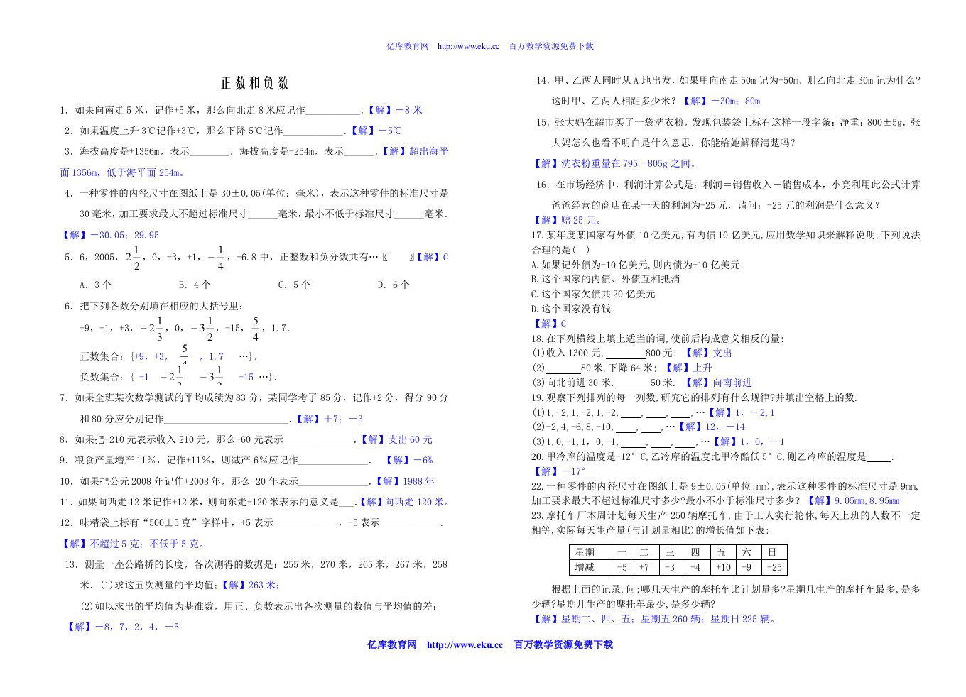 七年级数学正数和负数练习题