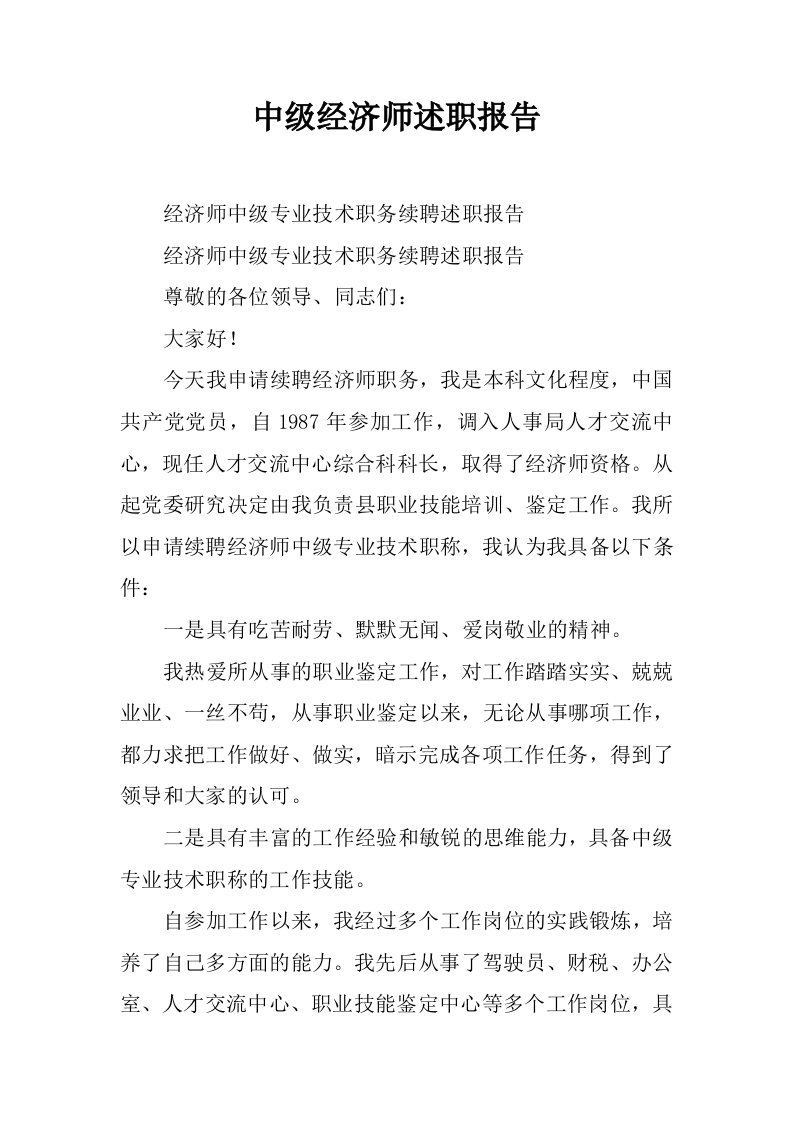 中级经济师述职报告