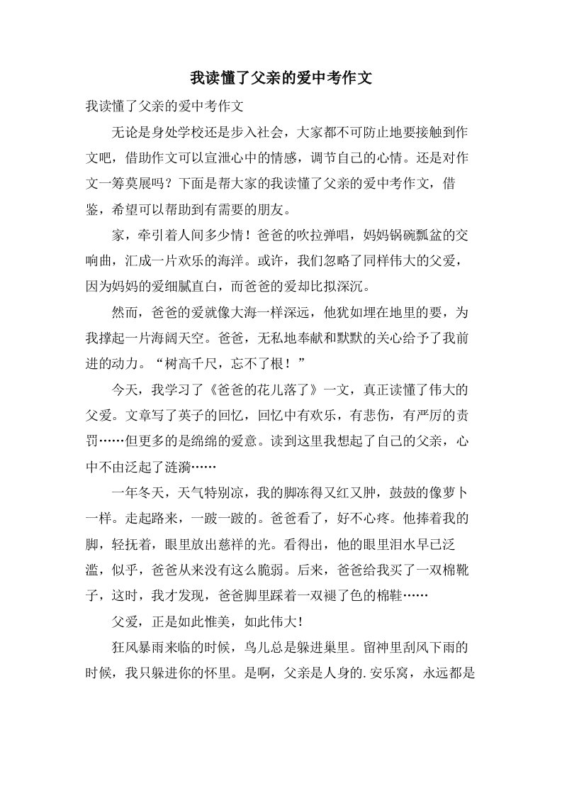 我读懂了父亲的爱中考作文