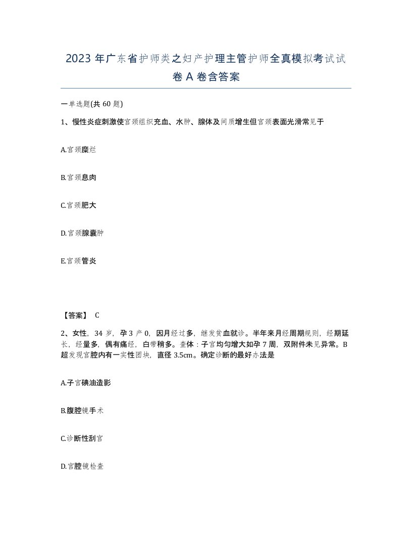 2023年广东省护师类之妇产护理主管护师全真模拟考试试卷A卷含答案