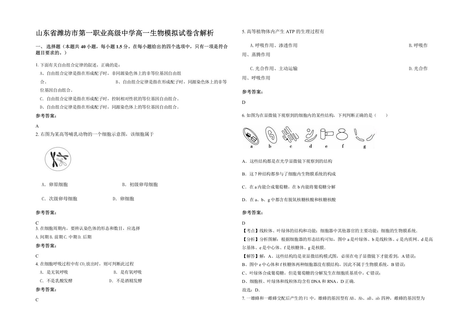 山东省潍坊市第一职业高级中学高一生物模拟试卷含解析