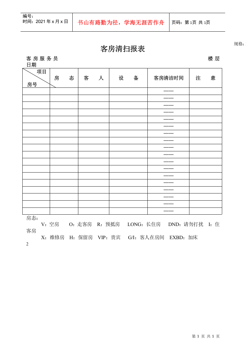 客房清扫报表