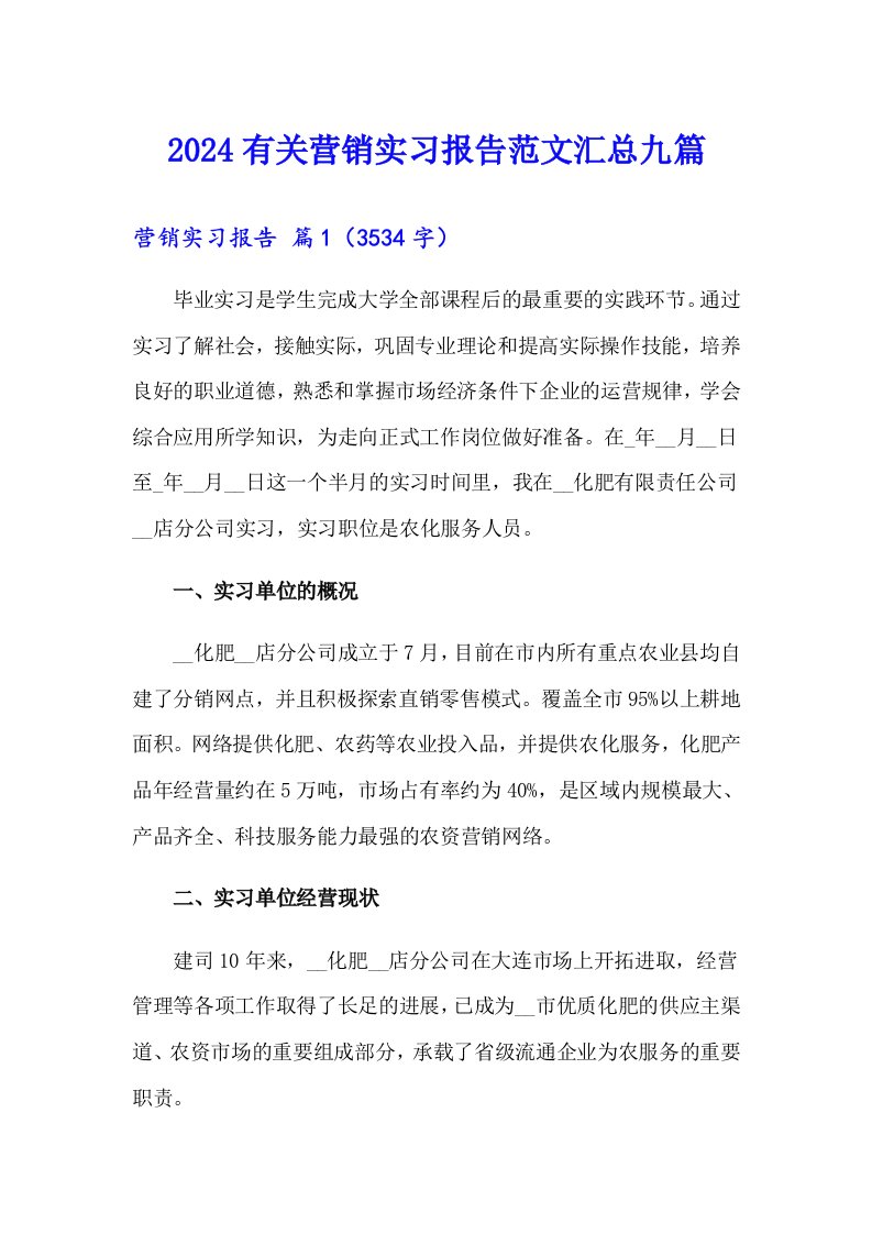 2024有关营销实习报告范文汇总九篇