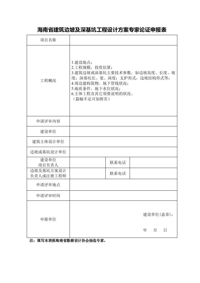 海南建筑边坡及深基坑工程设计方案专家论证申报表项目名称工程