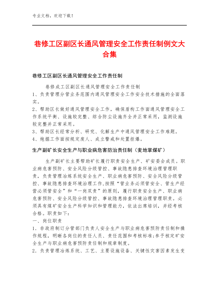 巷修工区副区长通风管理安全工作责任制例文大合集