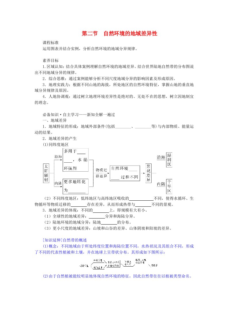 新教材2023版高中地理第五章自然环境的整体性与差异性第二节自然环境的地域差异性学生用书新人教版选择性必修1