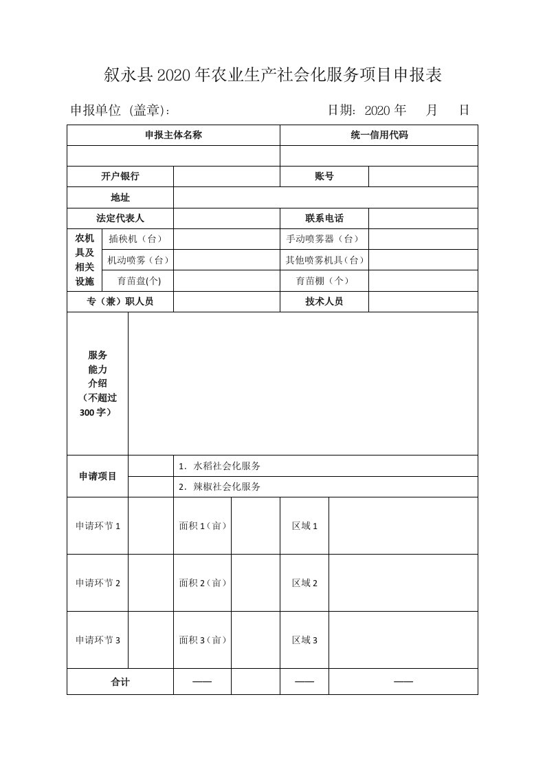 叙永县2020年农业生产社会化服务项目申报表