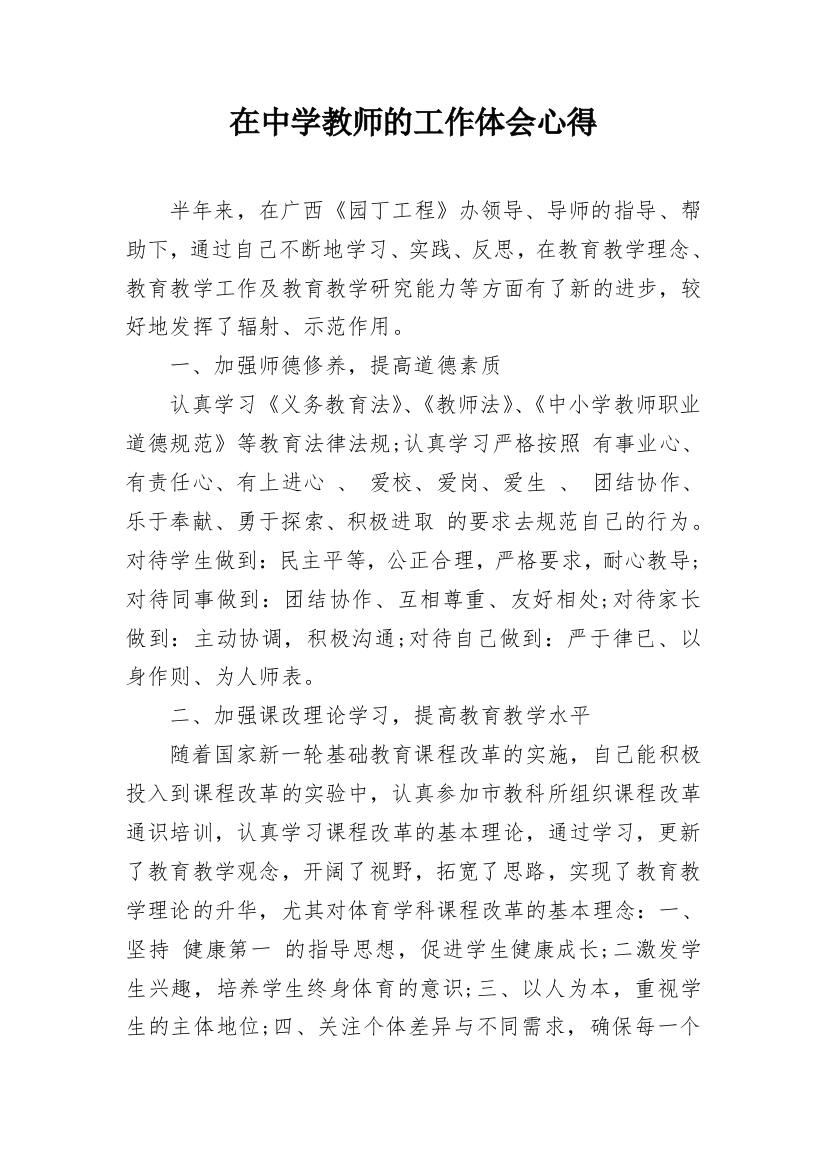 在中学教师的工作体会心得