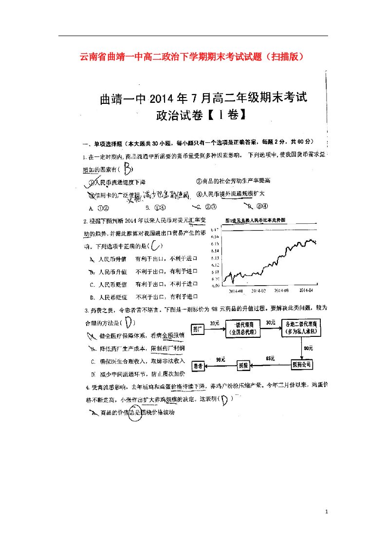 云南省曲靖一中高二政治下学期期末考试试题（扫描版）