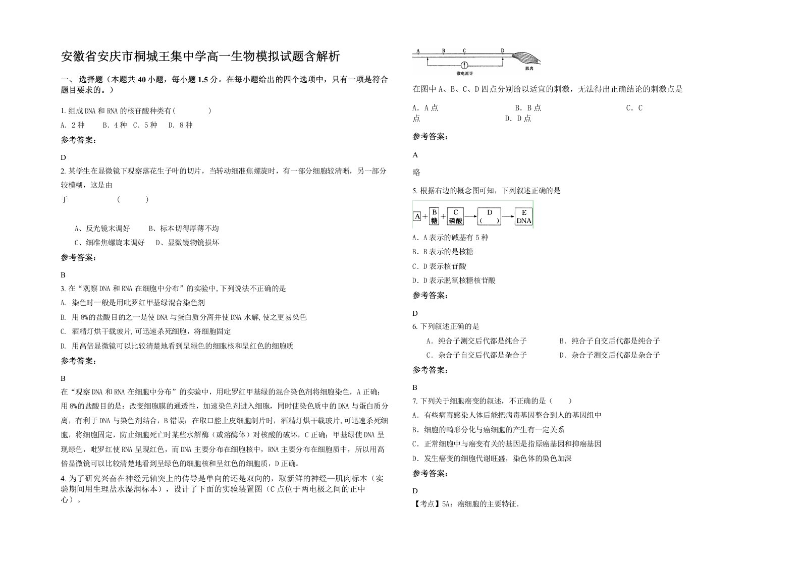 安徽省安庆市桐城王集中学高一生物模拟试题含解析