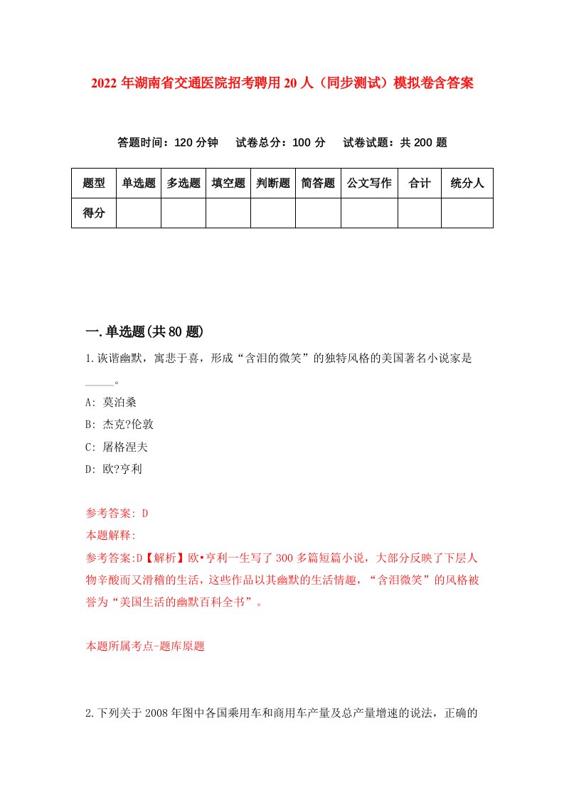 2022年湖南省交通医院招考聘用20人同步测试模拟卷含答案5