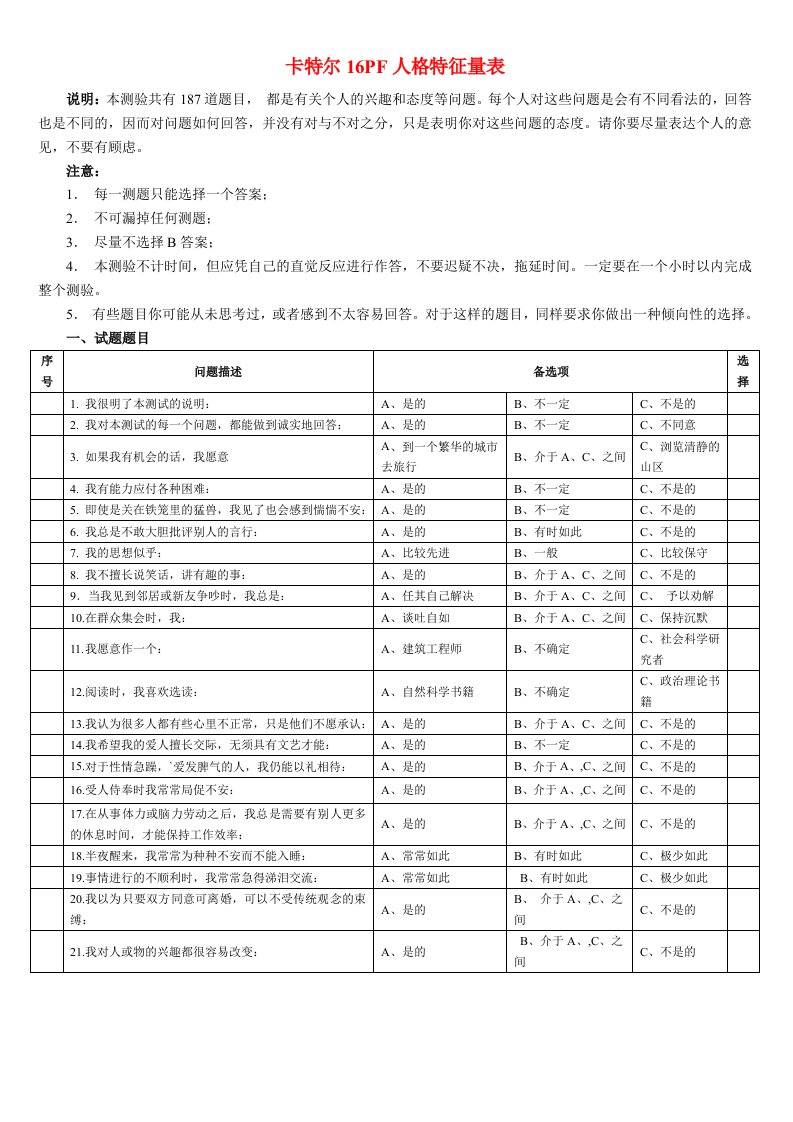 卡特尔16PF人格特征量表