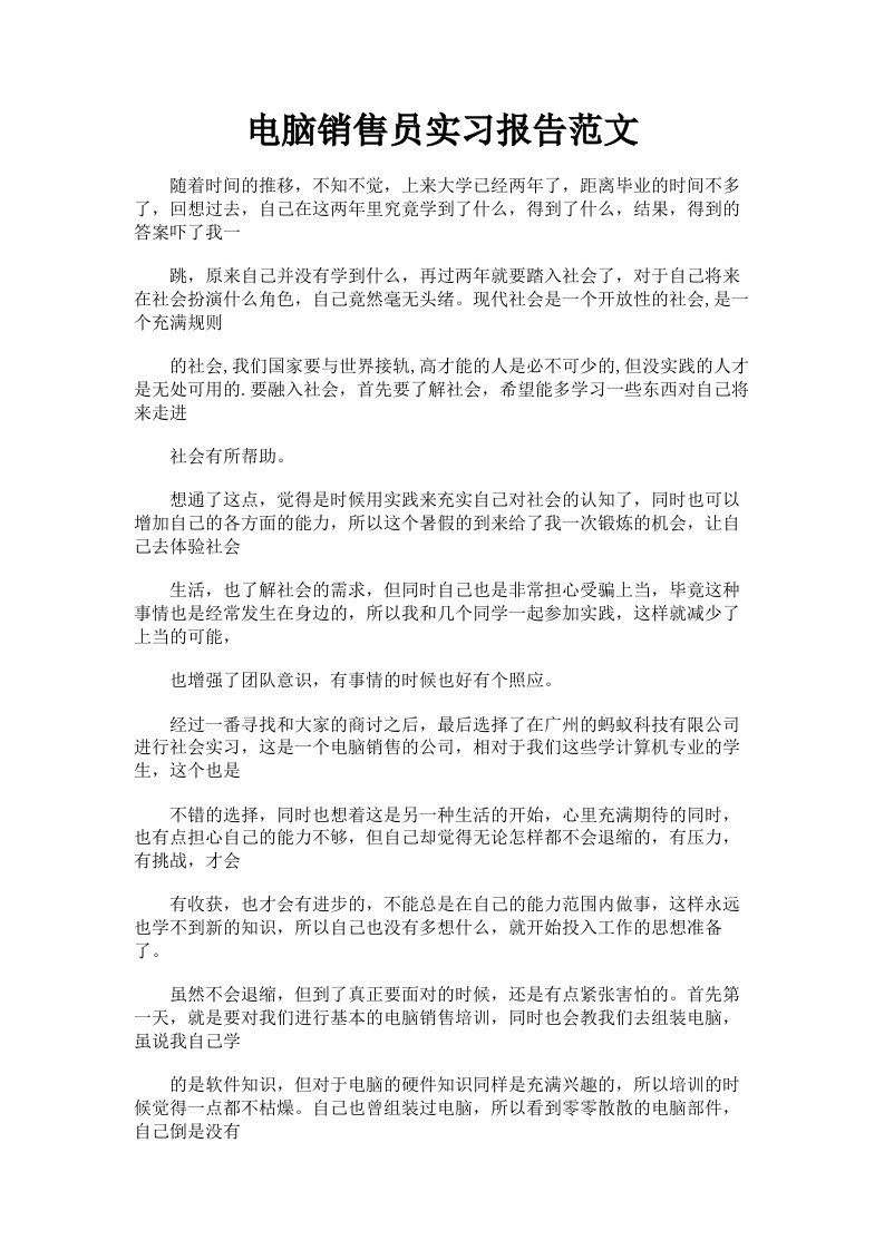 电脑销售员实习报告范文