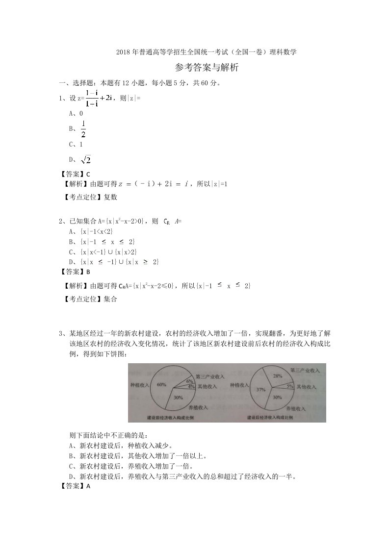 2018年高考全国一卷理科数学答案及解析