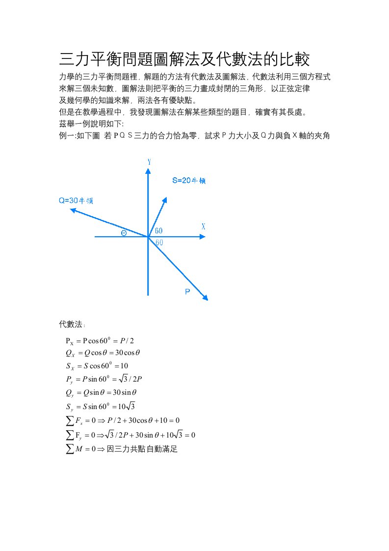 三力平衡问题图解法及代数法的比较