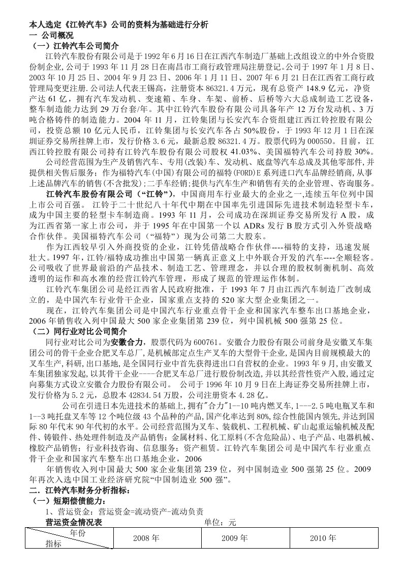 江铃汽车偿债能力分析(电大财务报表分析作业1)