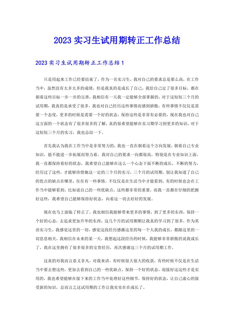 【word版】2023实习生试用期转正工作总结