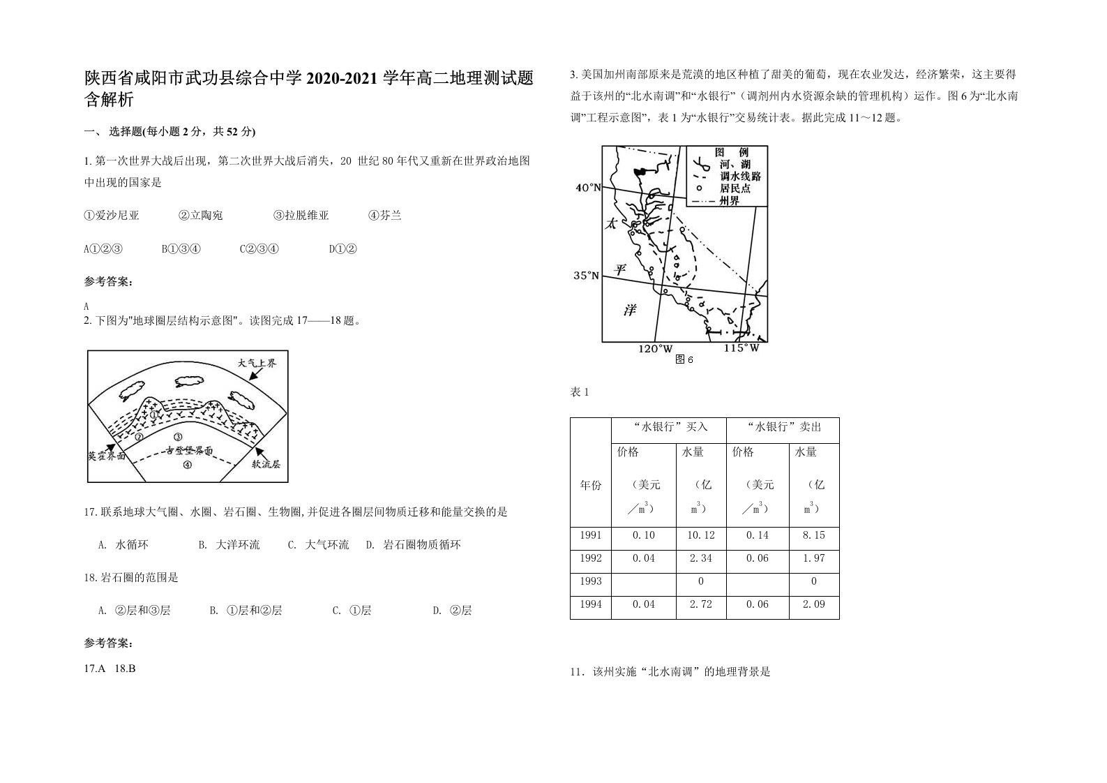 陕西省咸阳市武功县综合中学2020-2021学年高二地理测试题含解析