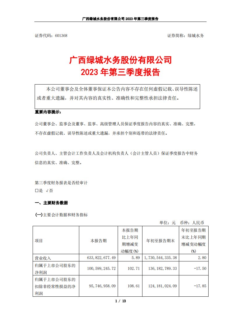 上交所-广西绿城水务股份有限公司2023年第三季度报告-20231023