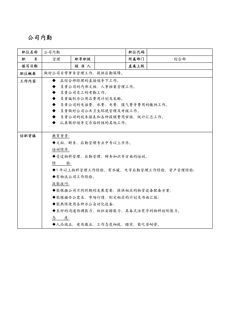 岗位职责-某it企业行政内勤岗位职责