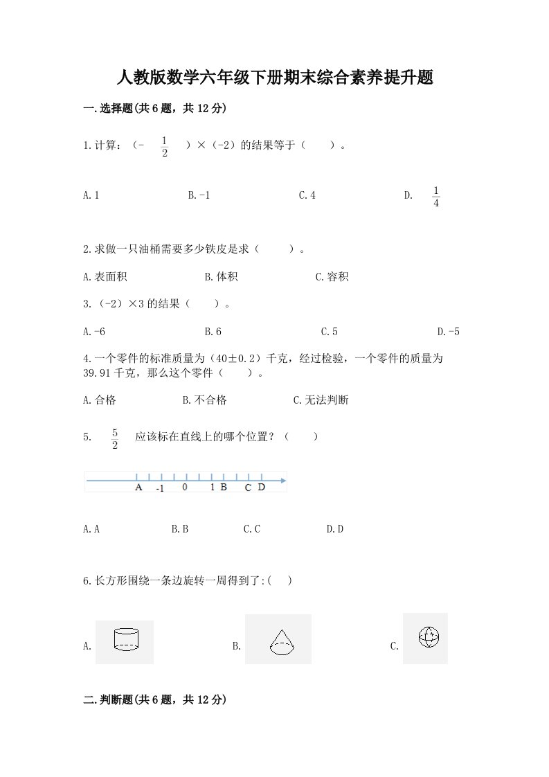 人教版数学六年级下册期末综合素养提升题精品（历年真题）